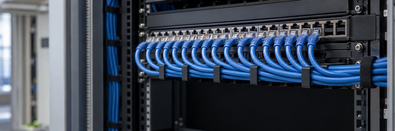 Düzenli bakır patch panel ve bağlantı kordonları; yapay zekâ ile oluşturulmuş temsili görsel.