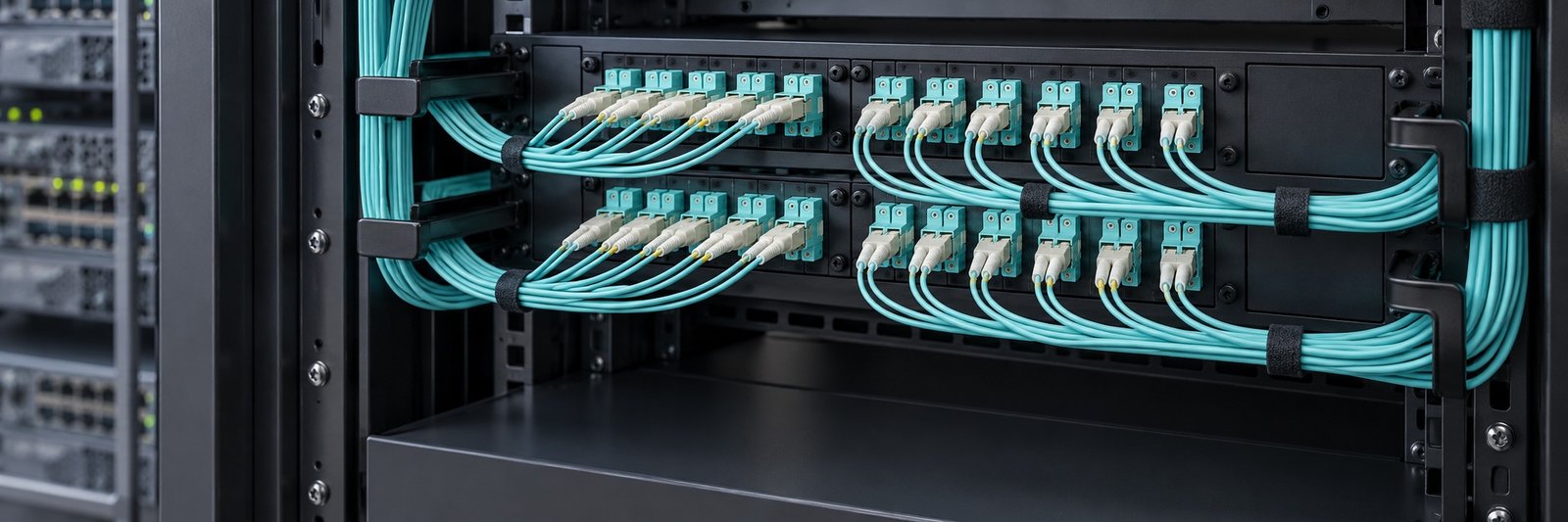 Fiber optik dağıtım paneli ve LC bağlantıları; yapay zekâ ile oluşturulmuş temsili görsel.